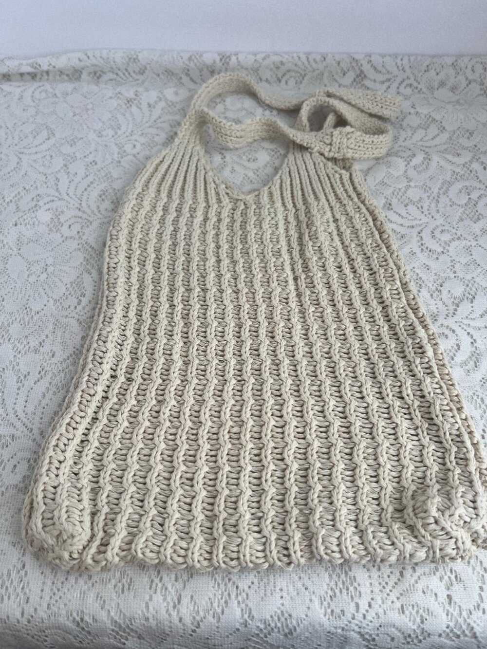 Cream Open Knit Shoulder Bag, Boho Slouchy Purse, Neutral Woven Look Tote, Beach